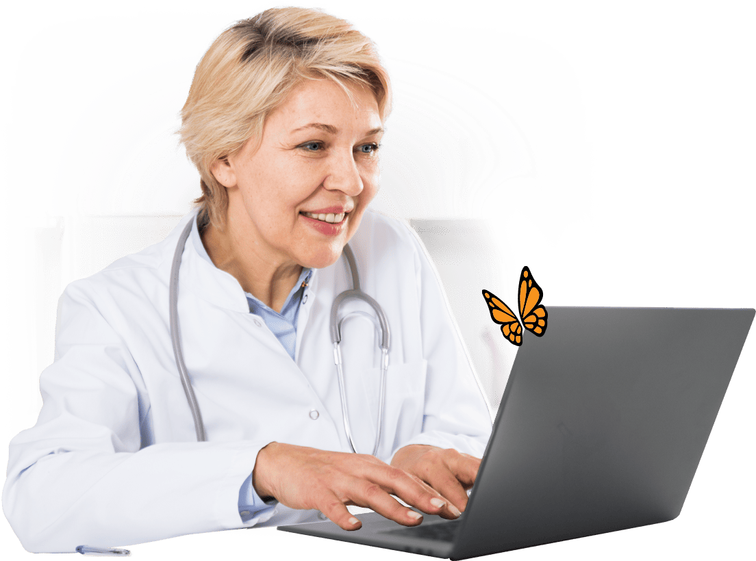 woman is working with laptop